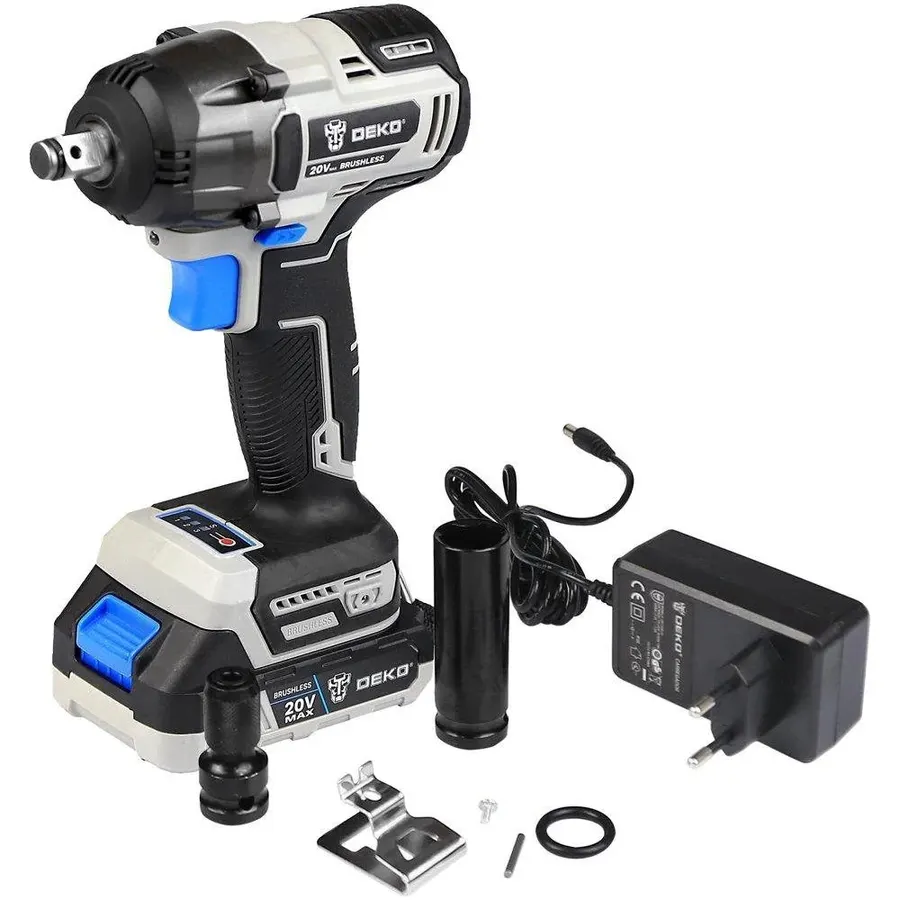 Chave de Impacto Parafusadeira Brushless 1/2" com Bateria Lítio-Íon 2Ah 20V, Carregador e Acessórios Deko