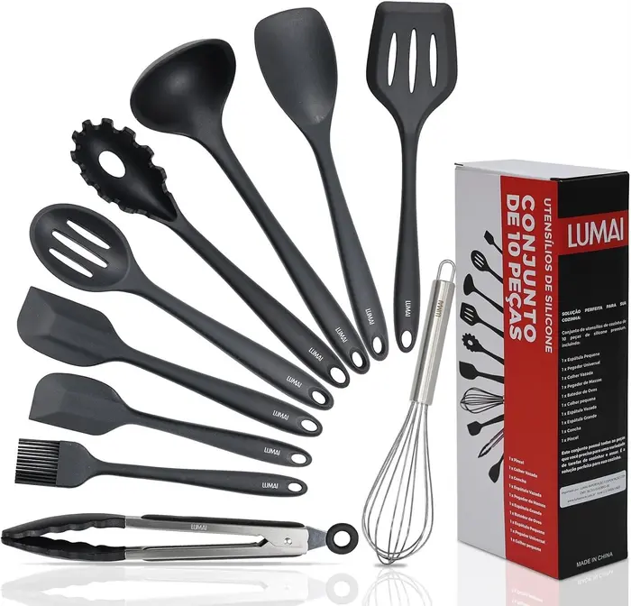 Kit 10 Utensílios de Cozinha LUMAI em Silicone e Aço Inox, Preto