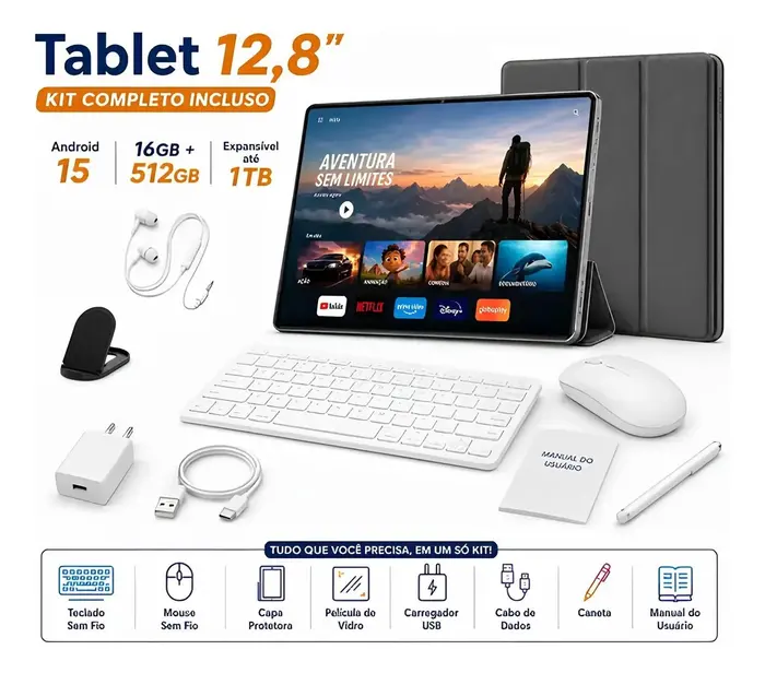 Tablet Hancdon Android 15 Tab 12,8eapos;eapos; HD - 16GB RAM, 512GB, Wi-Fi, Bateria 8800mAh, Kit Completo