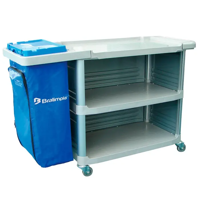 Carro Extra Triplex 1,24m x 55cm x 96cm com 1 Bolsa Azul e Fechamento Lateral BRALIMPIA-CH01AZ